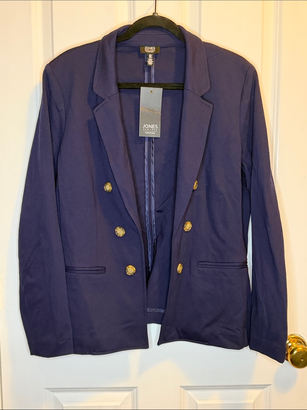 NWT Jones New York Navy Double-Breasted Blazer with Brown Buttons